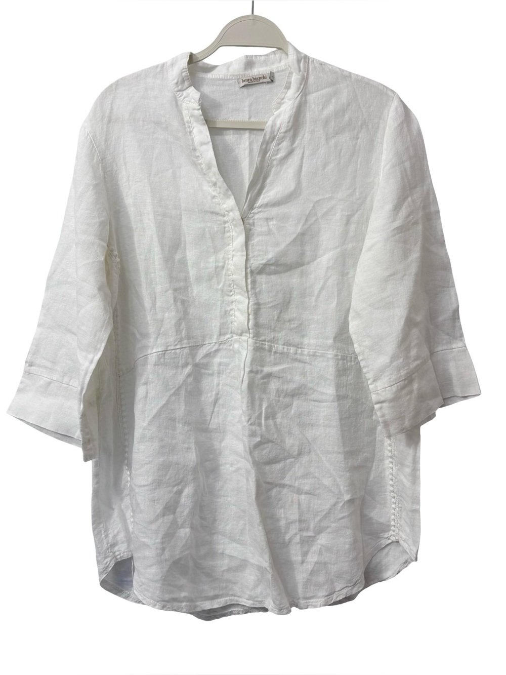 Laura Bianchi white linen v neckline 3/4 sleeves Beachy Size Large